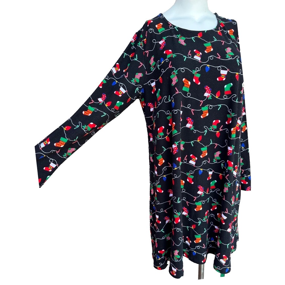 Allison Brittney Christmas Dress XL Black Holiday Swing Jersey Long Sleeve Party